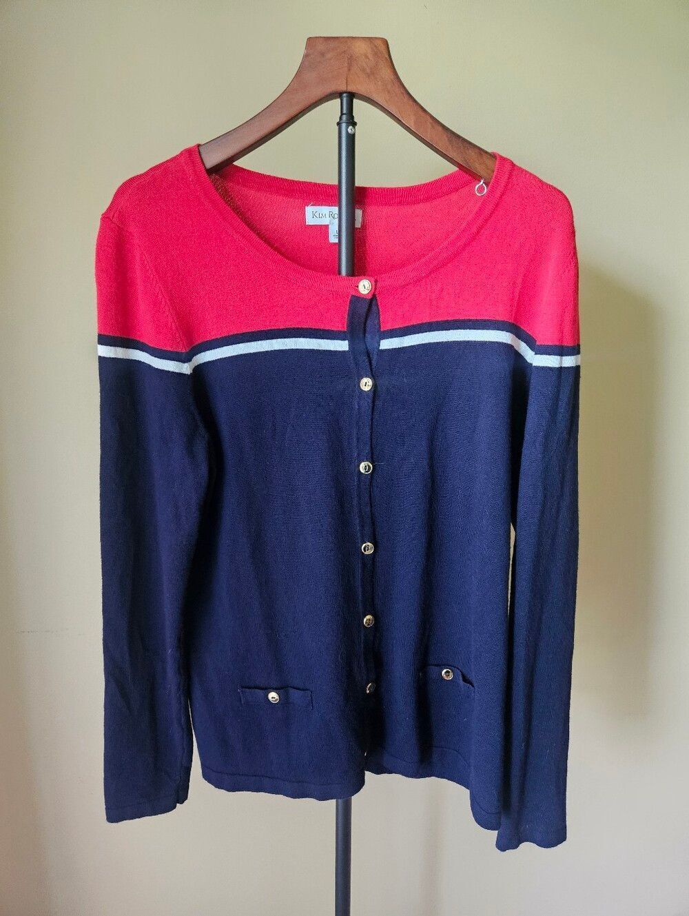 Kim Rogers Red & Navy Colorblock Button-Front Cardigan Size Large